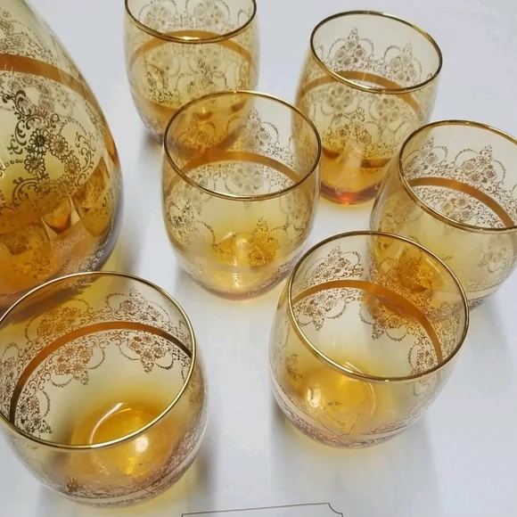 Murano Italy 24 Kt Gold Floral Glass Decanter & 6 Matching Glasses - Picture 15 of 16